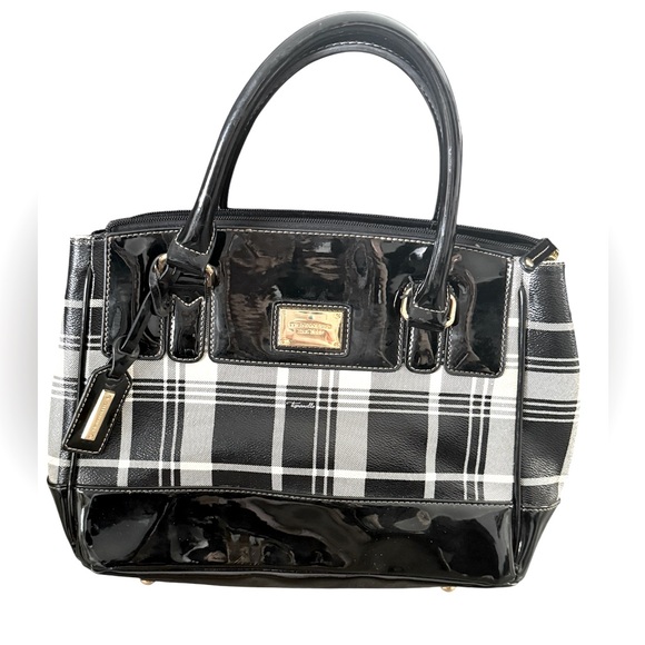 Tignanello black and white patent leather plaid checkered tote bag - Picture 1 of 15